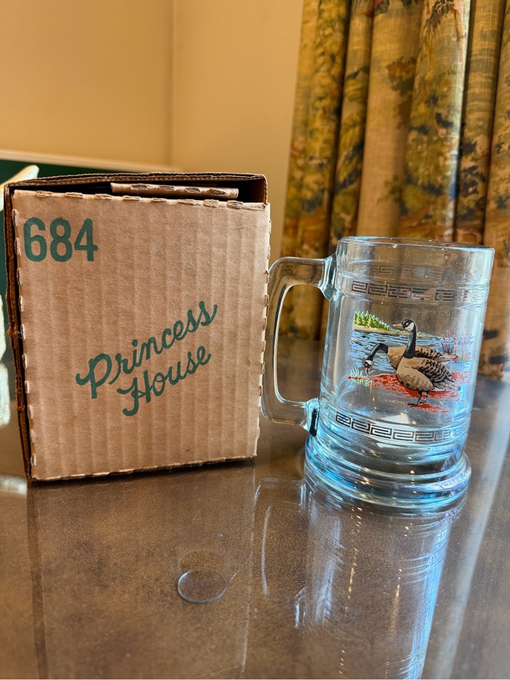 Princess House Blue Glass Goose Tankard Mug with Wildlife Decal *new old stock*